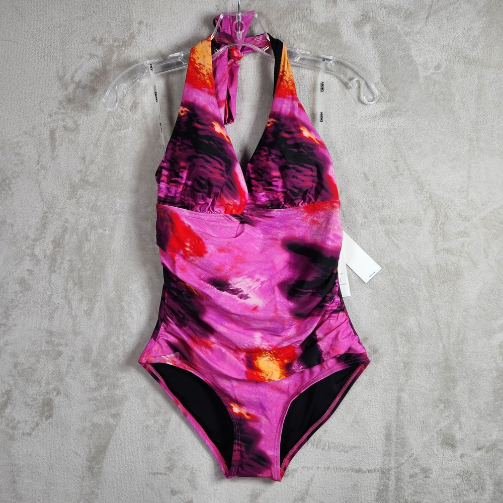DKNY One Piece Swimsuit‎ Womens Medium Pink Abstract Halter Ruched Summer Beach